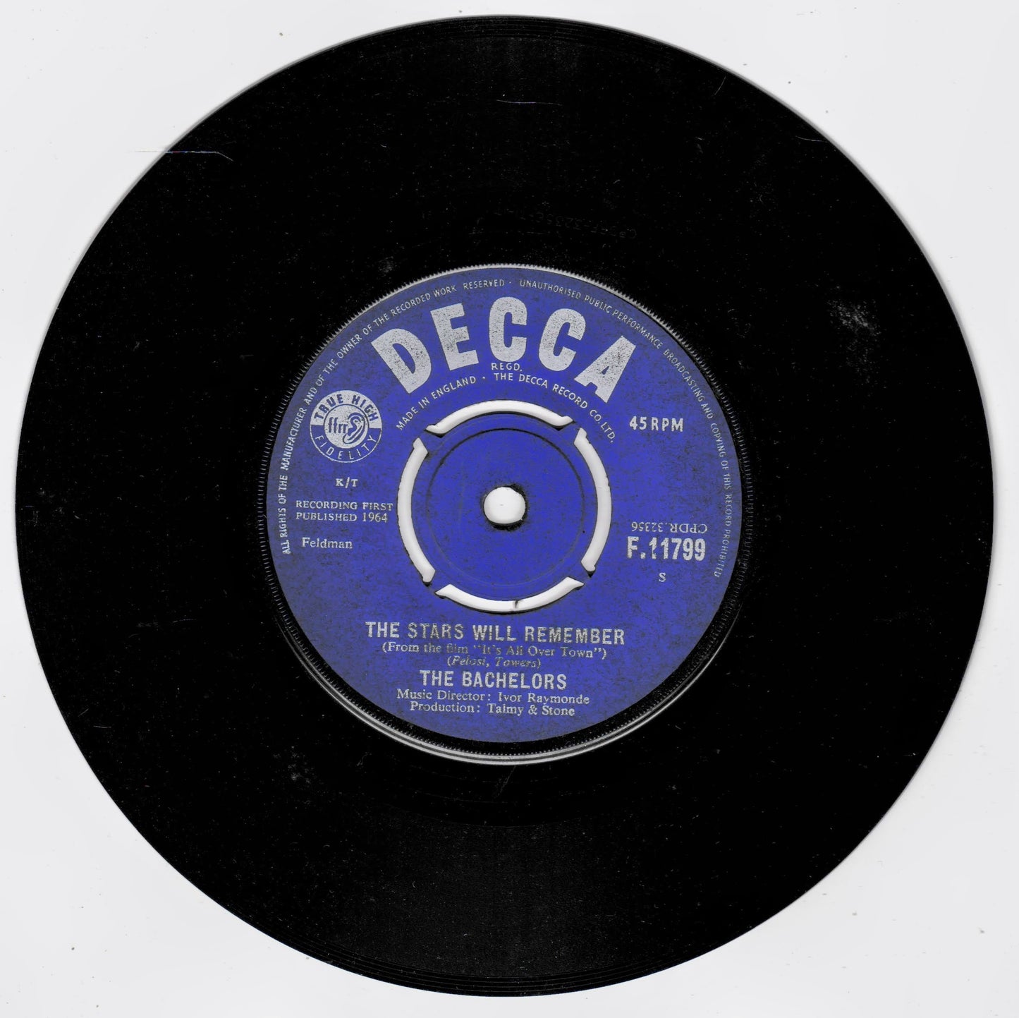 A black 45 RPM vinyl record with a blue and white Decca label, featuring the song 'The Stars Will Remember' by The Bachelors.