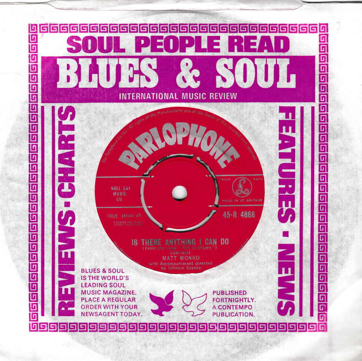 Vintage Parlophone single featuring a red vinyl record mockup and bold magenta text on a white background.
