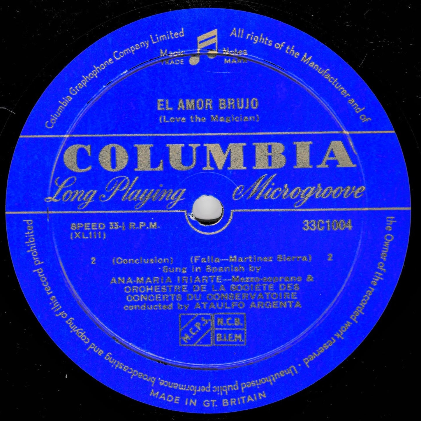 A vintage blue Columbia record label with gold text, featuring the title 'El Amor Brujo' and playback details for a Columbia Graphophone Company limited release.