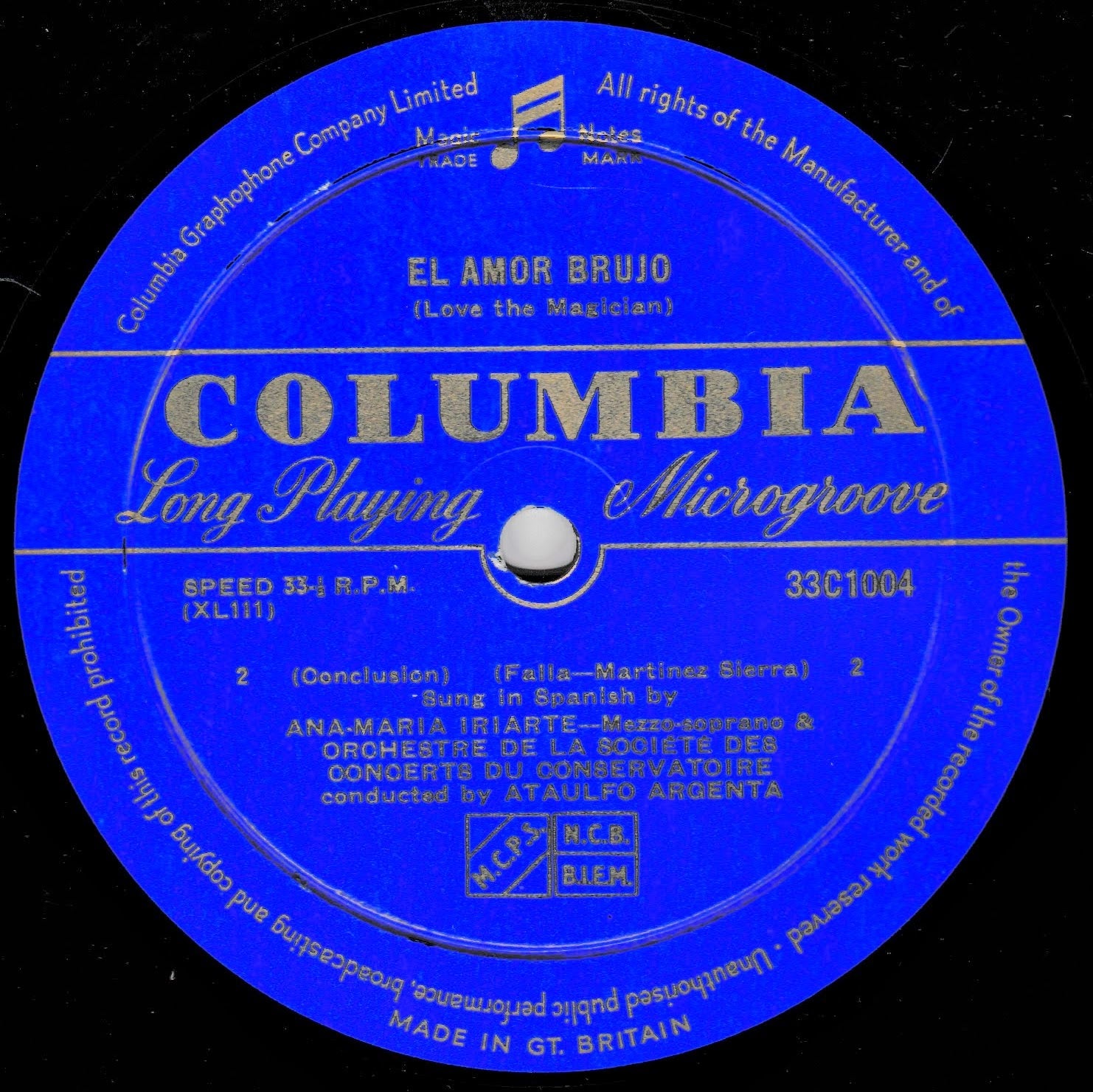A vintage blue Columbia record label with gold text, featuring the title 'El Amor Brujo' and playback details for a Columbia Graphophone Company limited release.
