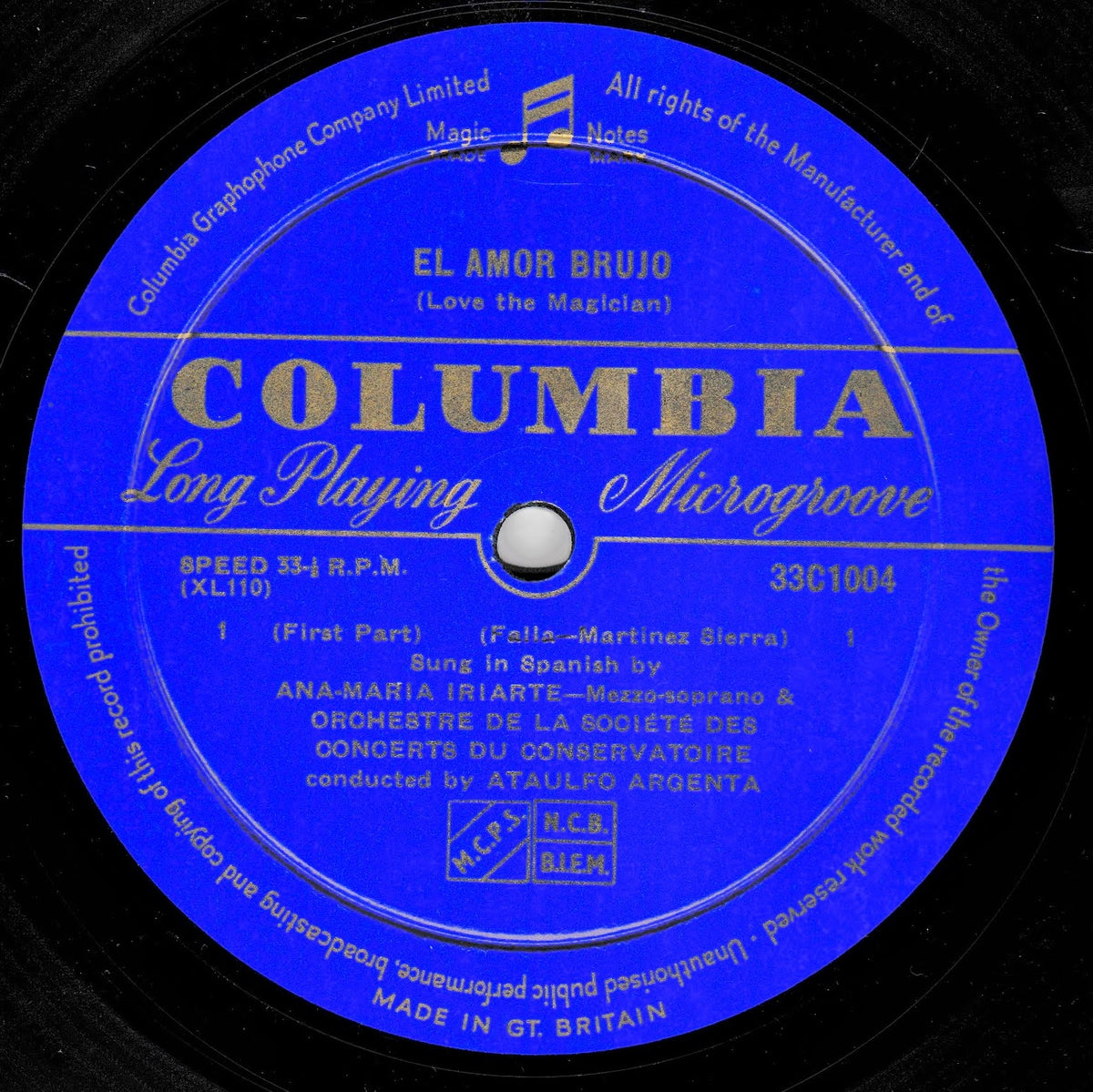 A vintage Columbia Records 10-inch vinyl record featuring the blue centre label with gold text for 'El Amor Brujo'.