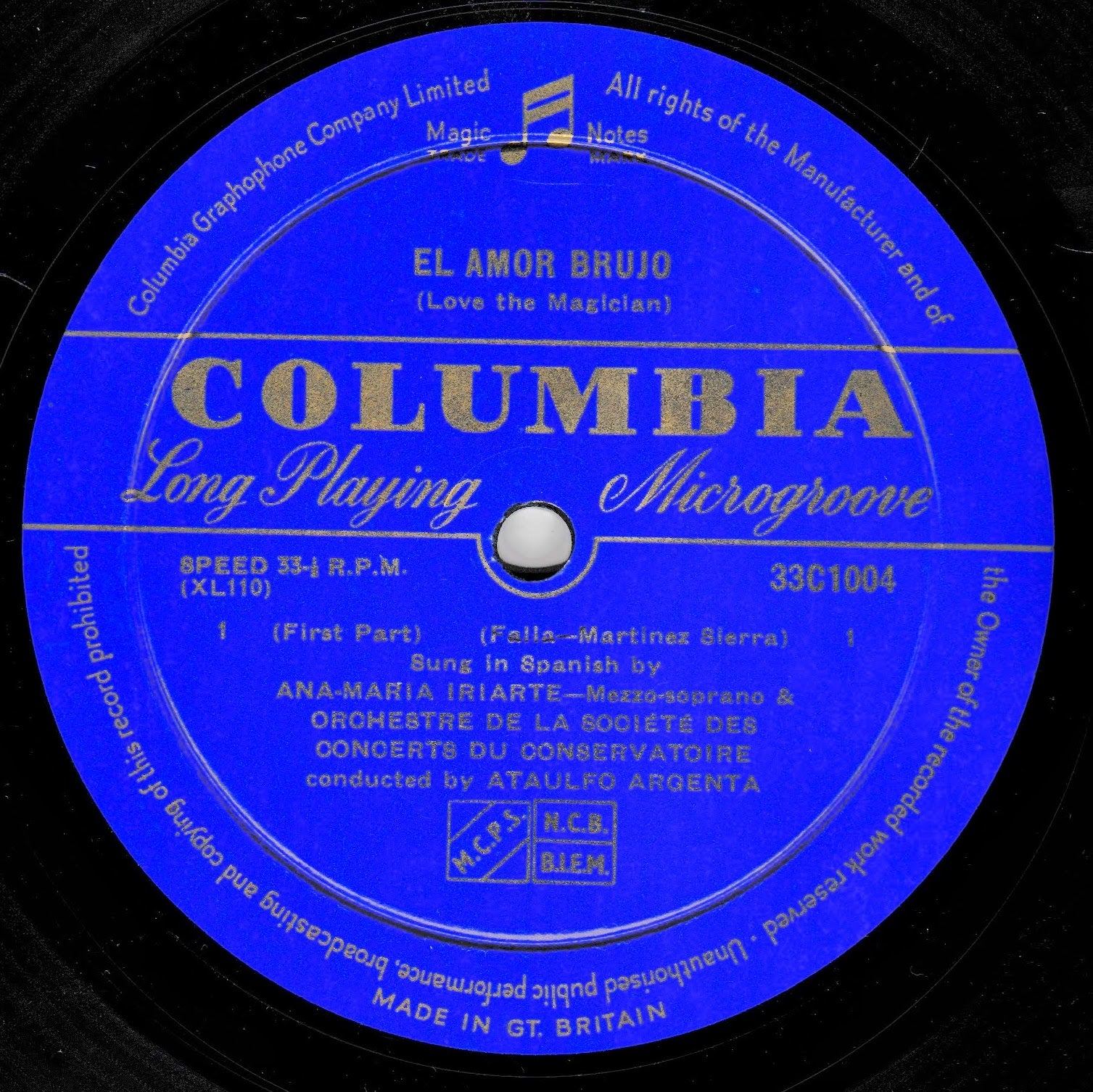 A vintage Columbia Records 10-inch vinyl record featuring the blue centre label with gold text for 'El Amor Brujo'.