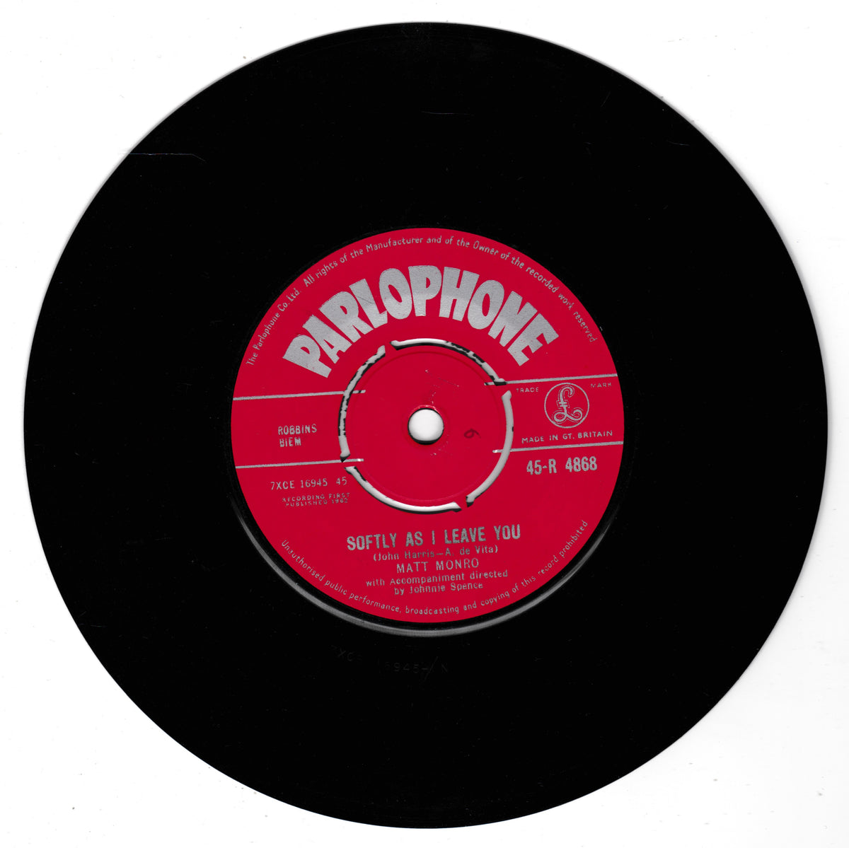 A black 45 rpm vinyl record with a red centre label reading 'PARLOPHONE' and the song title 'SOFTLY AS I LEAVE YOU' by Matt Monro, shown on a white background.