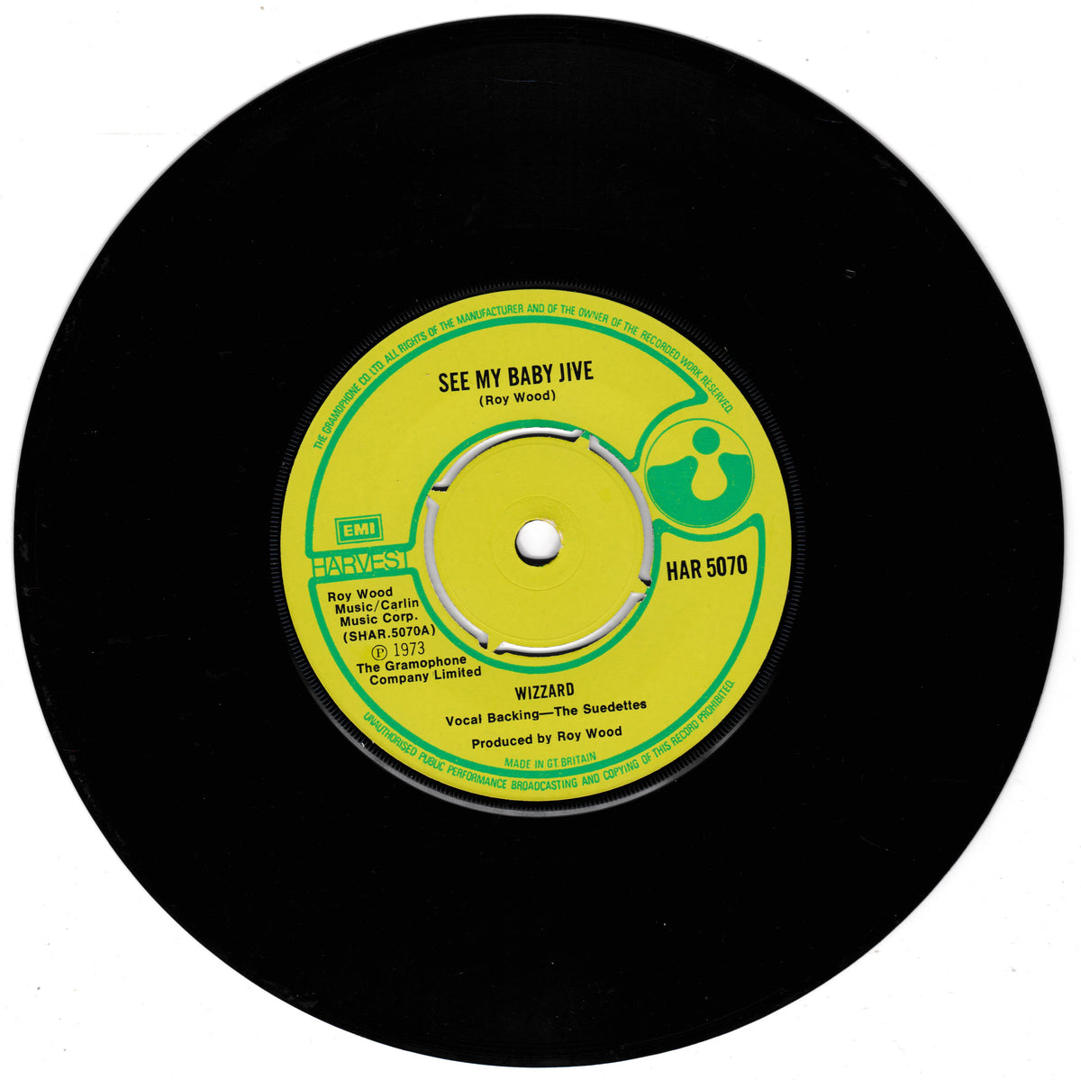 A black 45 single vinyl record with a bright yellow and green centre label. The label reads 'SEE MY BABY JIVE' and 'WIZARD', with EMI and Roy Wood Music Corp branding visible.
