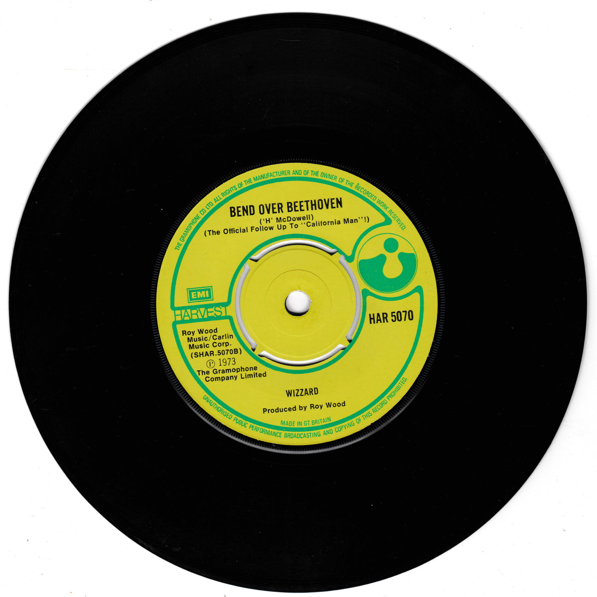 A black vinyl record with a bright yellow centre label reading 'BEND OVER BEETHOVEN' and 'WIZZARD,' photographed on a plain white background.