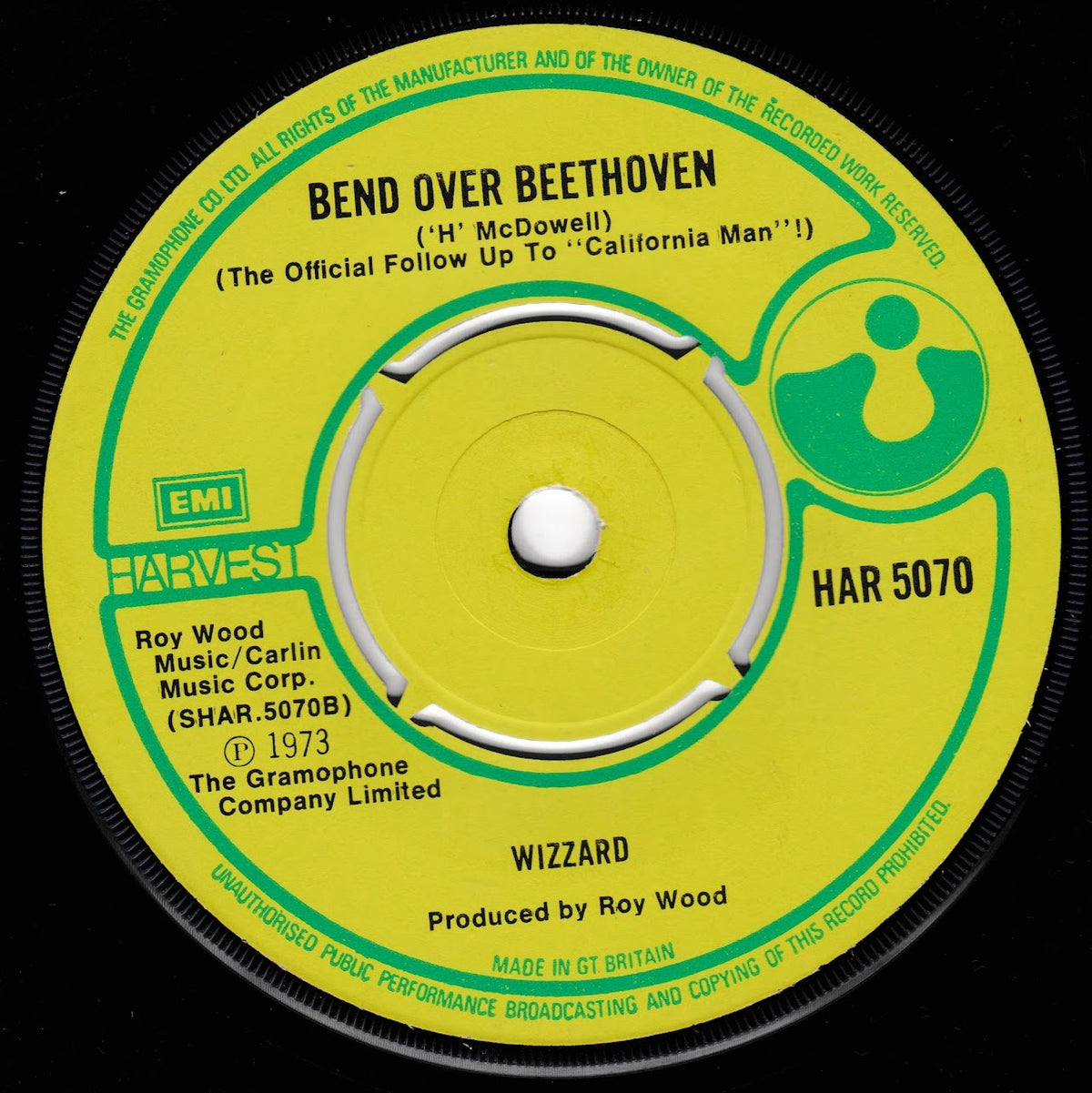 A vintage 7-inch vinyl record label for Roy Wood's 'Bend Over Beethoven' / 'Wizzard' release, featuring a bright yellow and green design with EMI Harvest branding.