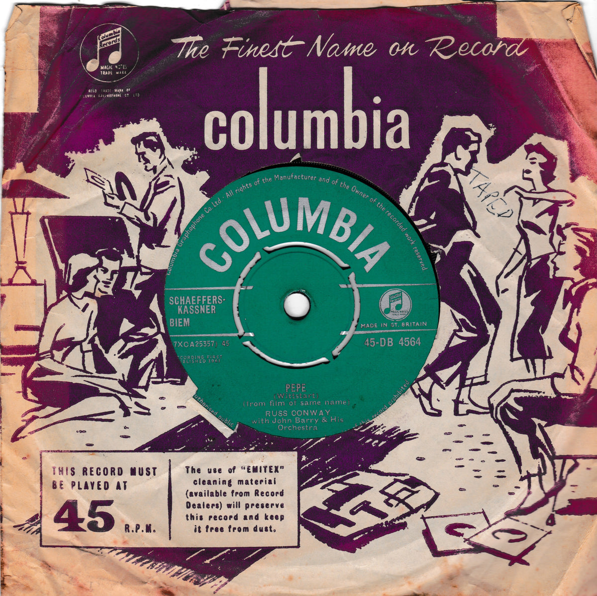 Vintage Columbia 45 single record sleeve with a green Columbia record visible in the centre, shown against a plain light background. The sleeve has illustrated figures and text including 'The Finest Name on Record' and 'columbia'.
