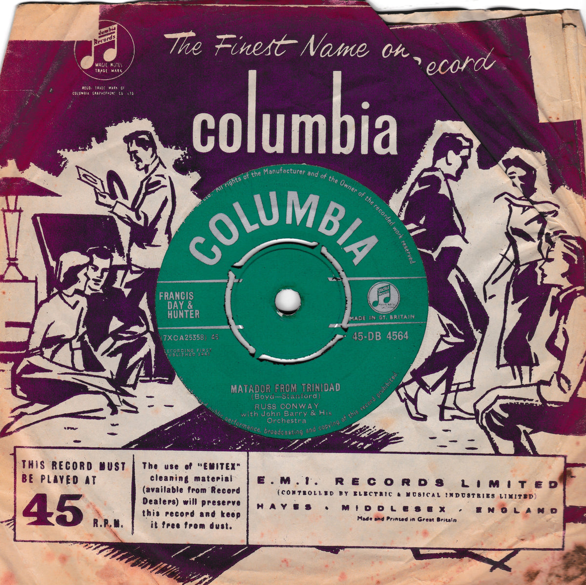Vintage Columbia Records 45 single sleeve for 'Matador from Trinidad' by Russ Conway, featuring a green record label in the centre against a mauve and cream illustrated background.