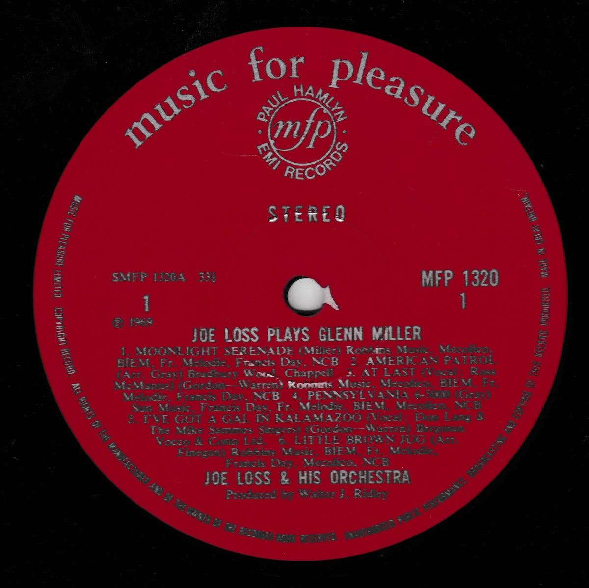 A red vinyl record label with white text reading 'music for pleasure' and the MFP / EMI Records logo, featuring the title 'Joe Loss Plays Glenn Miller' and tracklist on a red background.