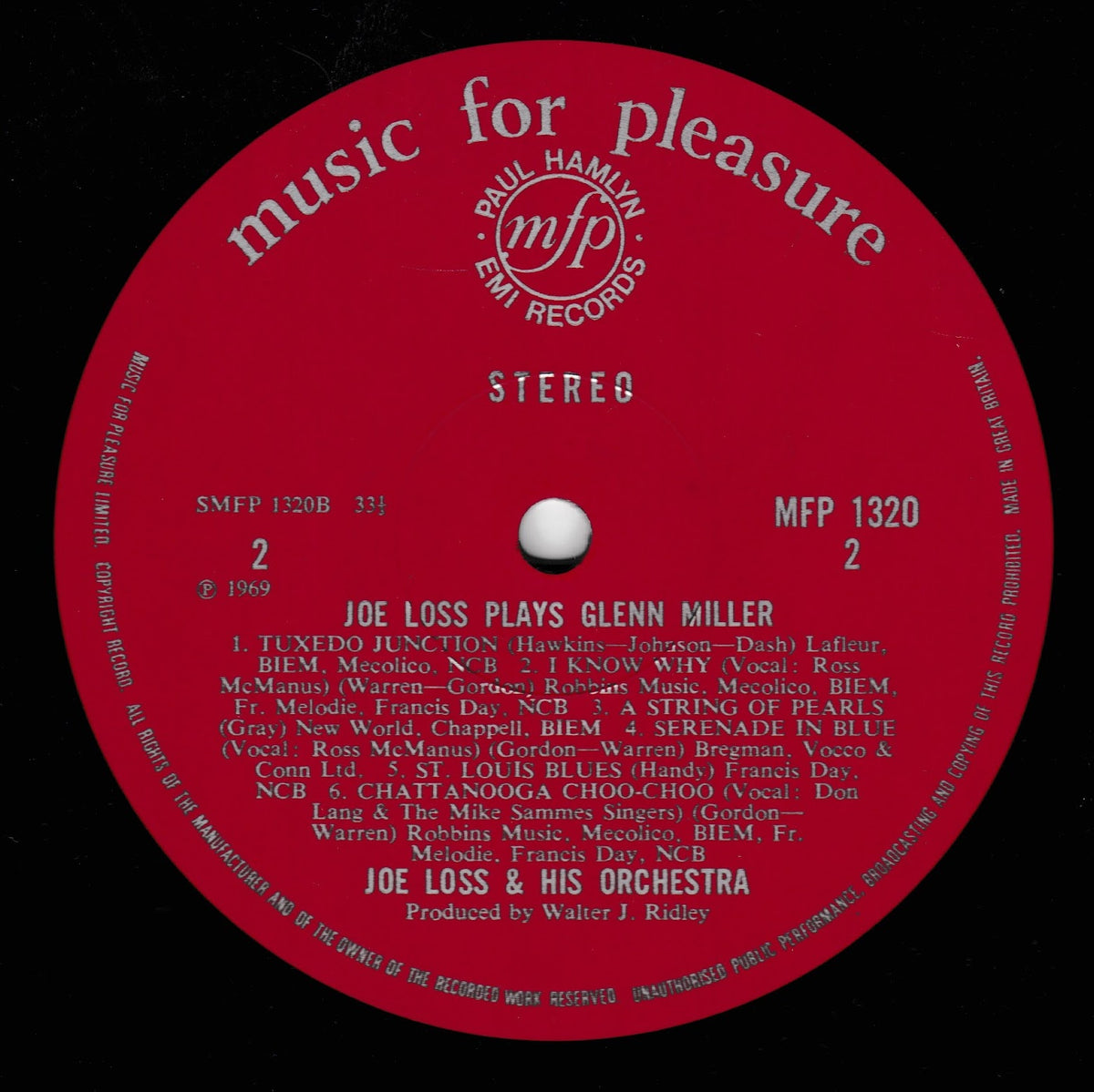 A red vinyl record label from EMI Records, featuring the title 'music for pleasure' in white at the top and the track listing for 'Joe Loss Plays Glenn Miller' in the centre, photographed against a black background.