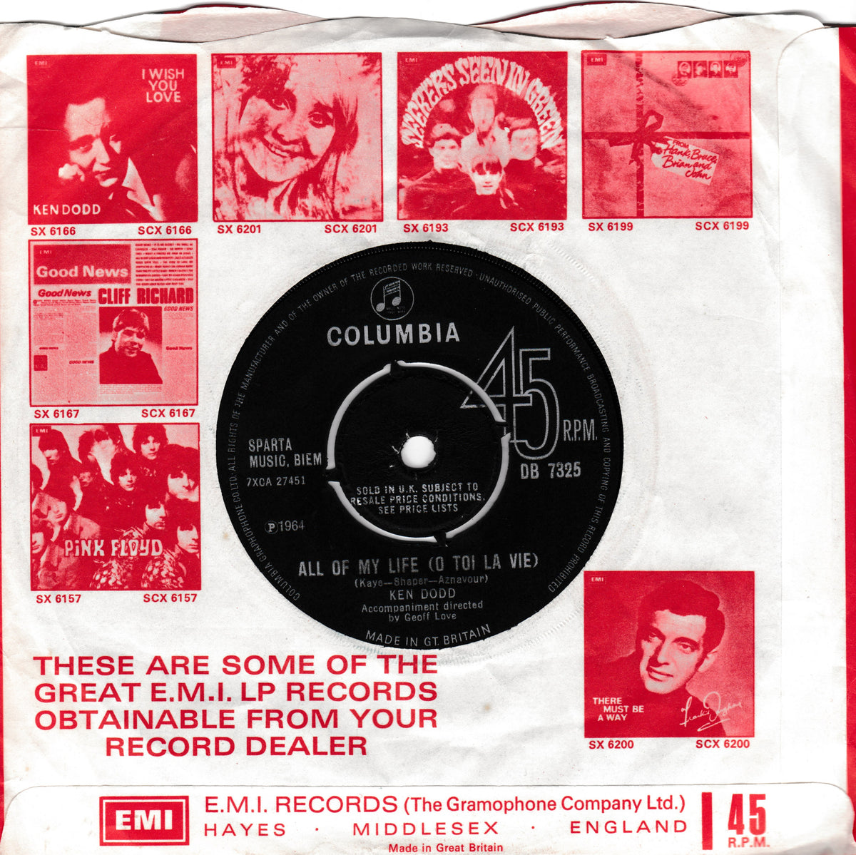 A vintage 45 RPM vinyl record sleeve for Columbia EMI Records, featuring a black Columbia record label in the centre surrounded by red promotional pictures and text listing various artists such as Ken Dodd, Cliff Richard, Pink Floyd.