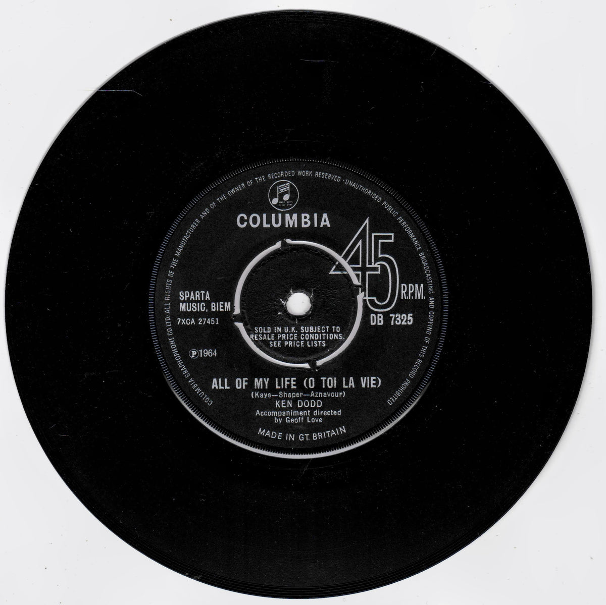 A black 45 RPM vinyl record label from Columbia Records, featuring the song 'All Of My Life (O Tói Là Víe)' by Ken Dodd, with white text and a white inner label on a black disc.