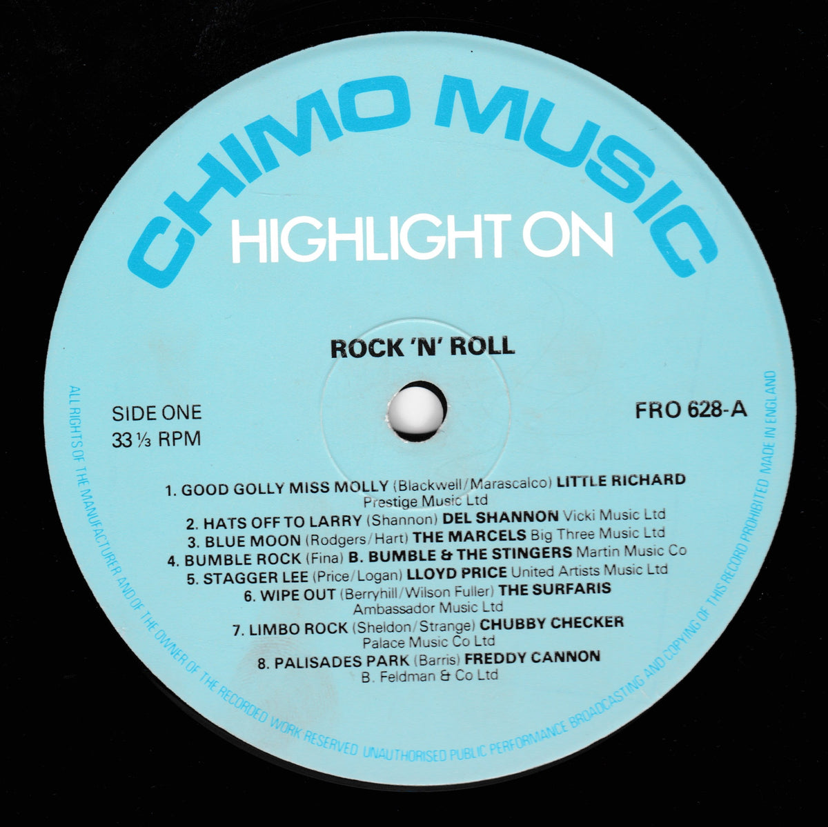 A light blue vinyl record label with the text 'CHIMO MUSIC' and 'HIGHLIGHT ON' in white and blue, listing tracks with artist and publisher details on a black background.