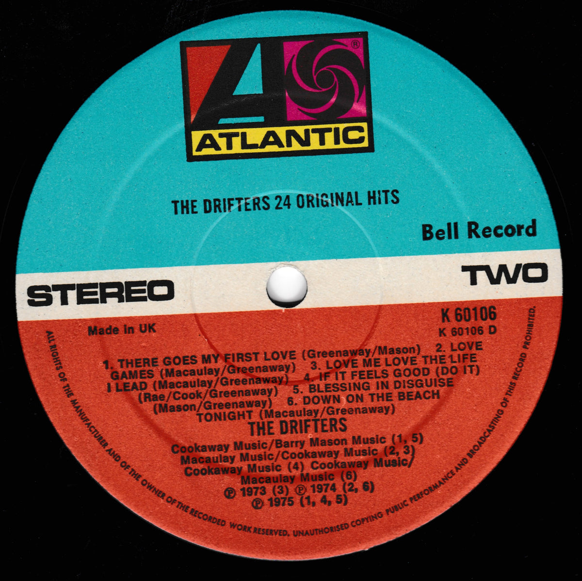 A close-up of a vinyl record label for The Drifters' '24 Original Hits' on Atlantic Records. The label is turquoise blue on the top half and orange-red on the bottom half, with white text and the Atlantic logo at the top centre.