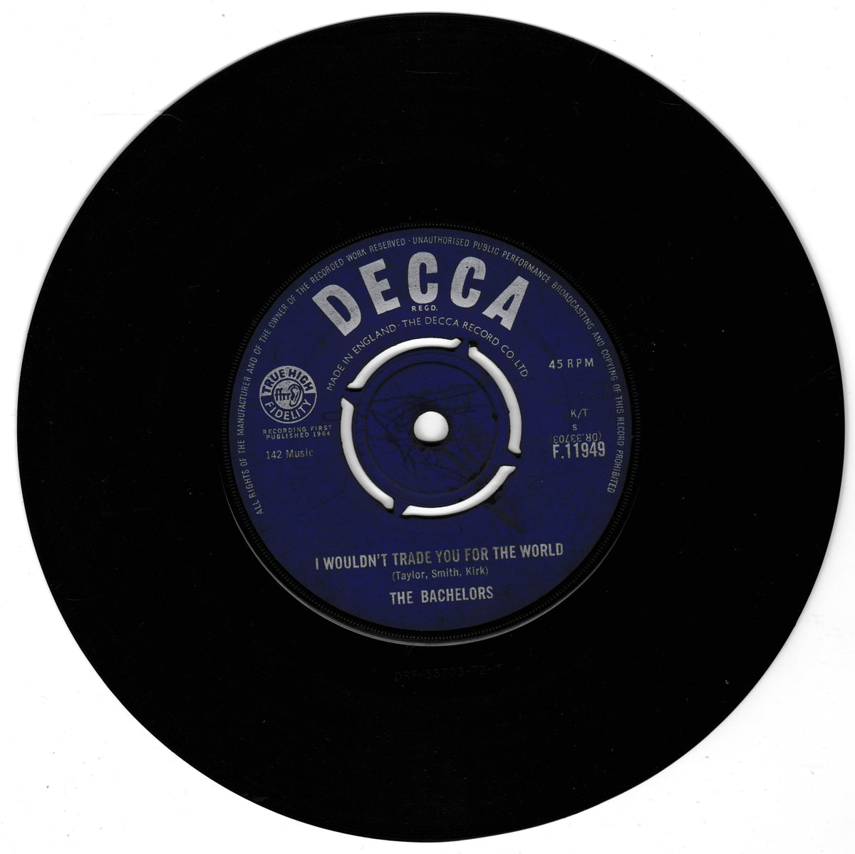 A black 45 RPM vinyl record with a blue centre label reading 'DECCA' and 'I Wouldn't Trade You For The World' by The Bachelors.