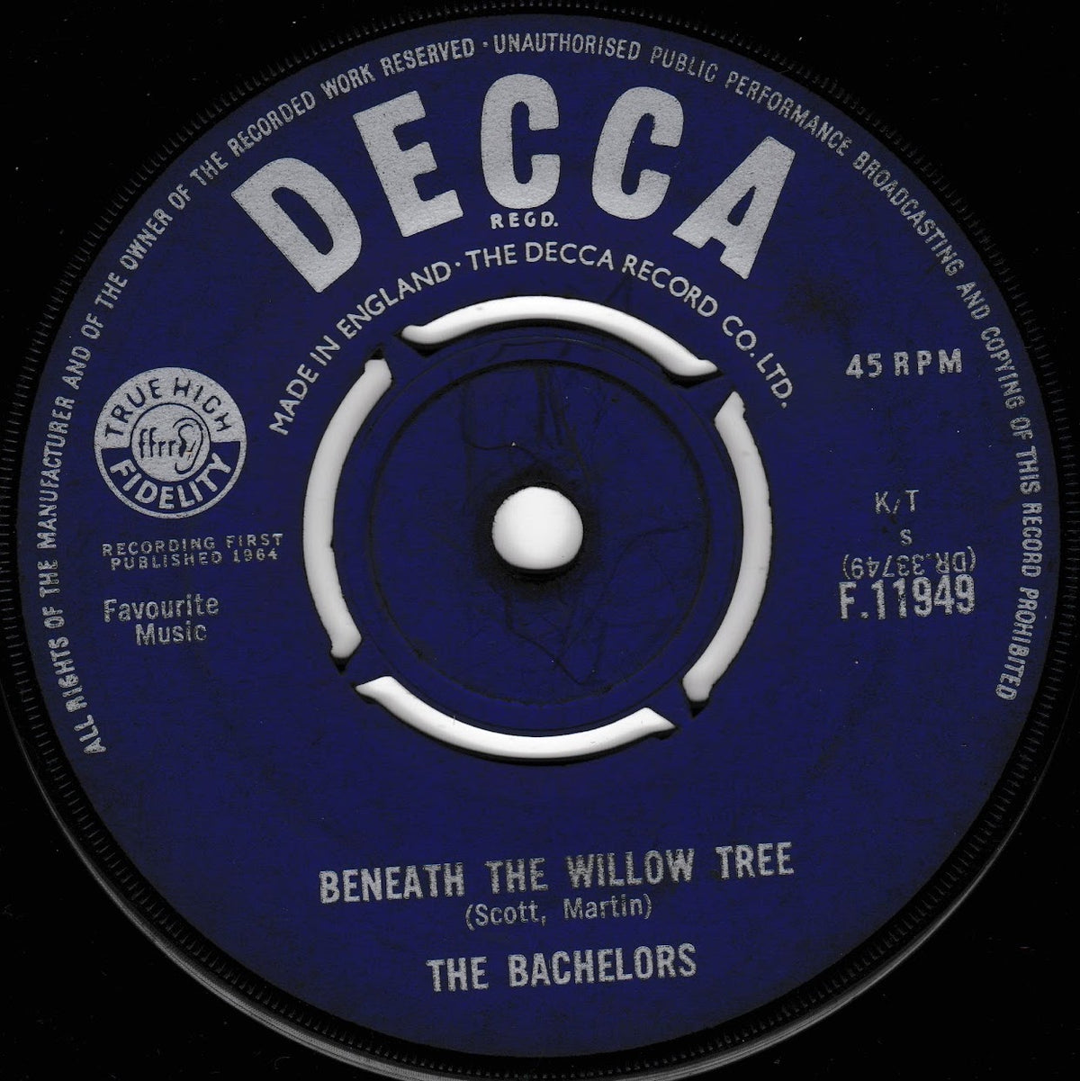 A close-up of a vintage Decca 45 RPM vinyl record label for 'Beneath the Willow Tree' by The Bachelors, featuring a deep blue label with white text and a black outer rim.