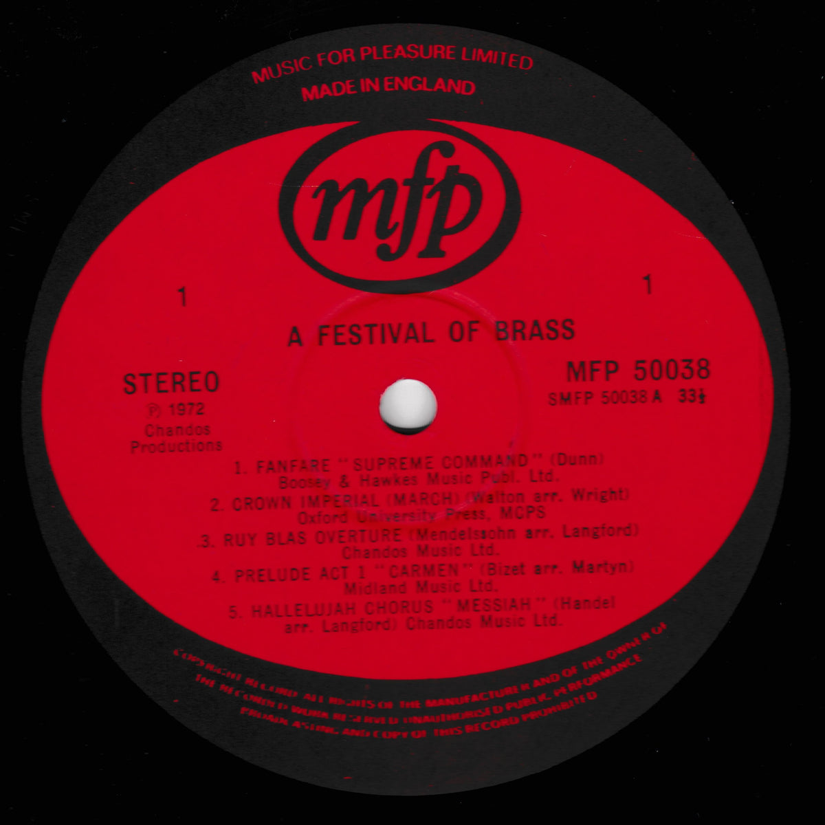 A close-up of a vintage MFP 50038 vinyl record label for 'A Festival of Brass' by Chandris Productions. The label features a bold red centre with black text and the circular MFP logo, surrounded by a black outer ring.