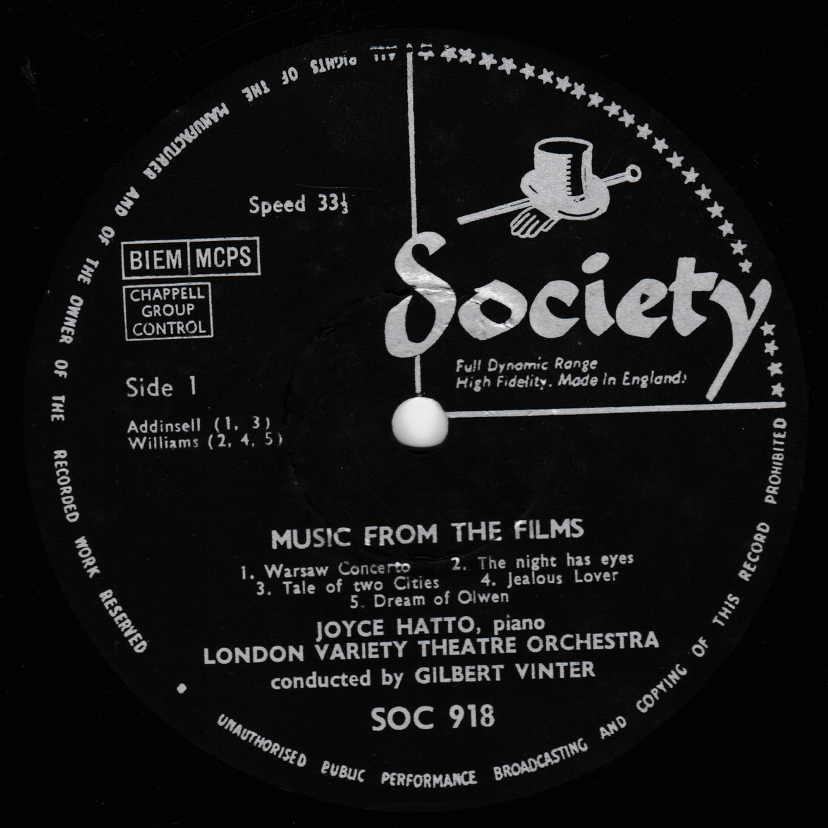 A black vinyl record label with white printed text and graphics, featuring the Society record label logo and track listing for 'Music From The Films' by Joyce Hatto.