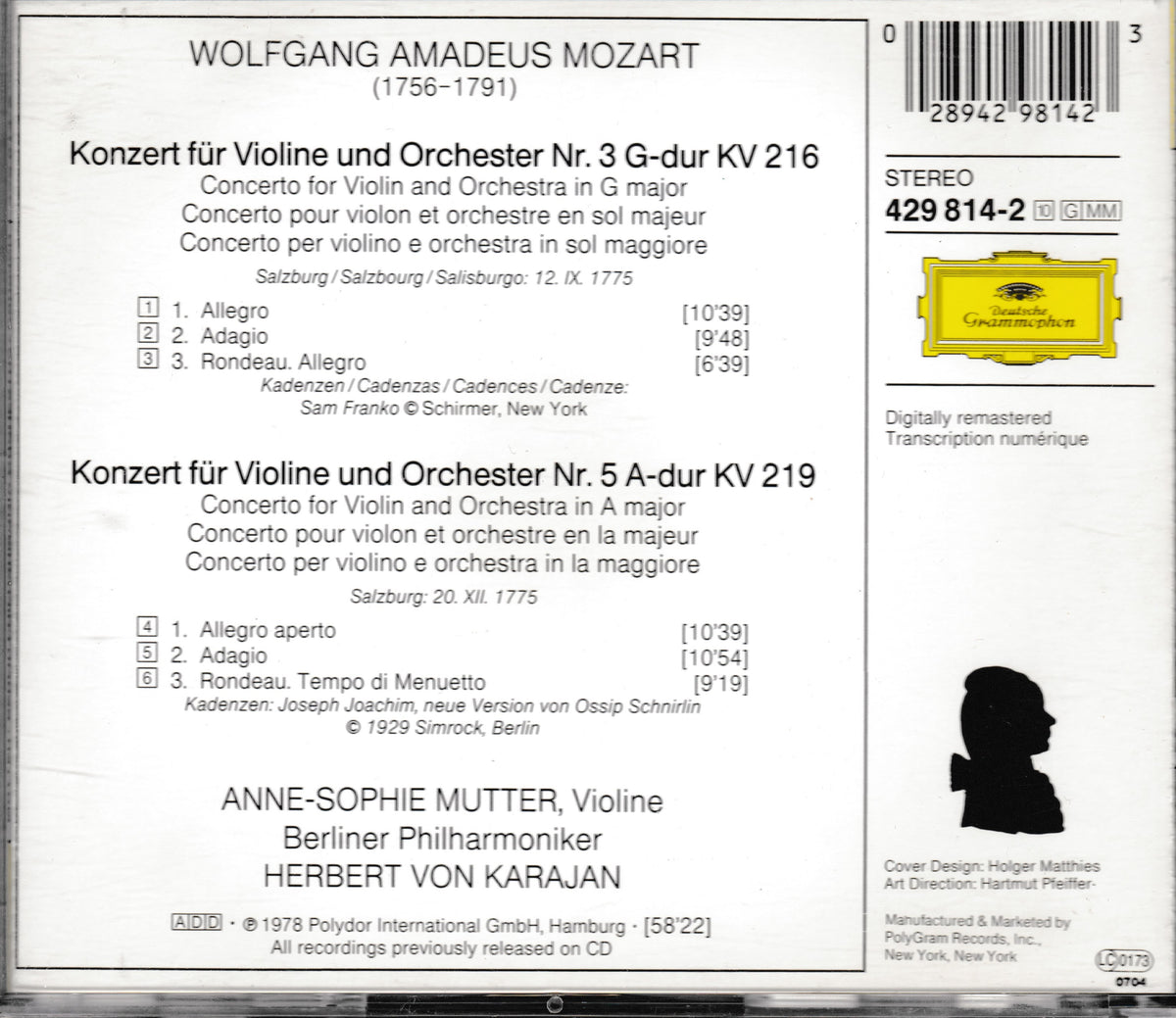 The back cover of a CD album for Wolfgang Amadeus Mozart's violin and orchestra concertos, featuring track listings, barcode, Sony logo, and a small black silhouette of a violin player.