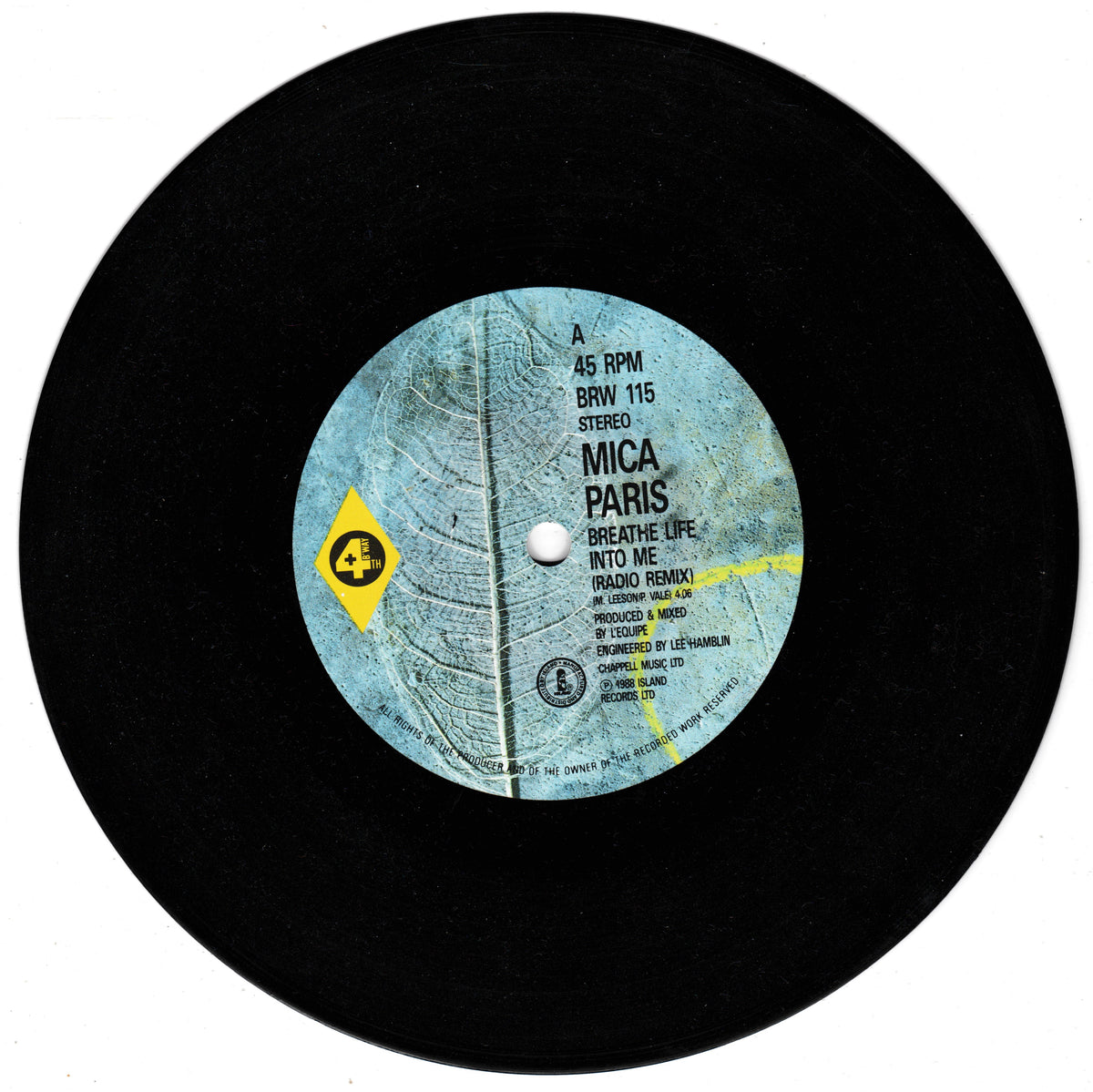 A 7-inch vinyl record with a black outer disc and a light blue-green centre label. The label features the text 'MICA PARIS' and 'BREATHE LIFE INTO ME' along with a yellow diamond logo, photographed on a white background.