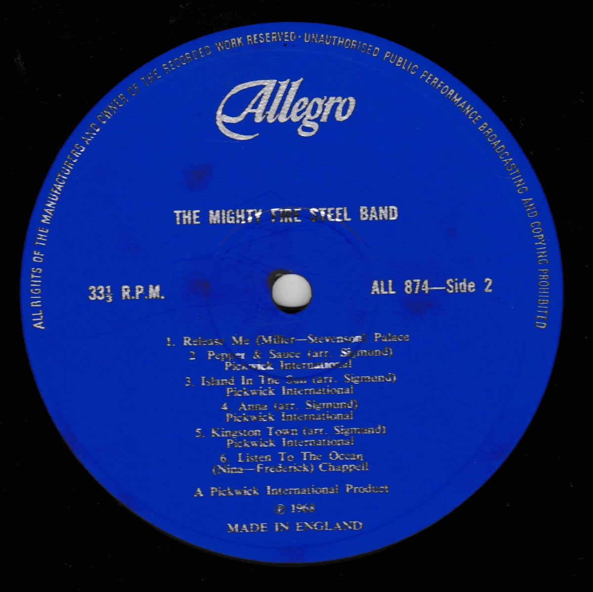 A blue vinyl record label for 'The Mighty Fire Steel Band' by Allegro, showing track listing details on a black background.