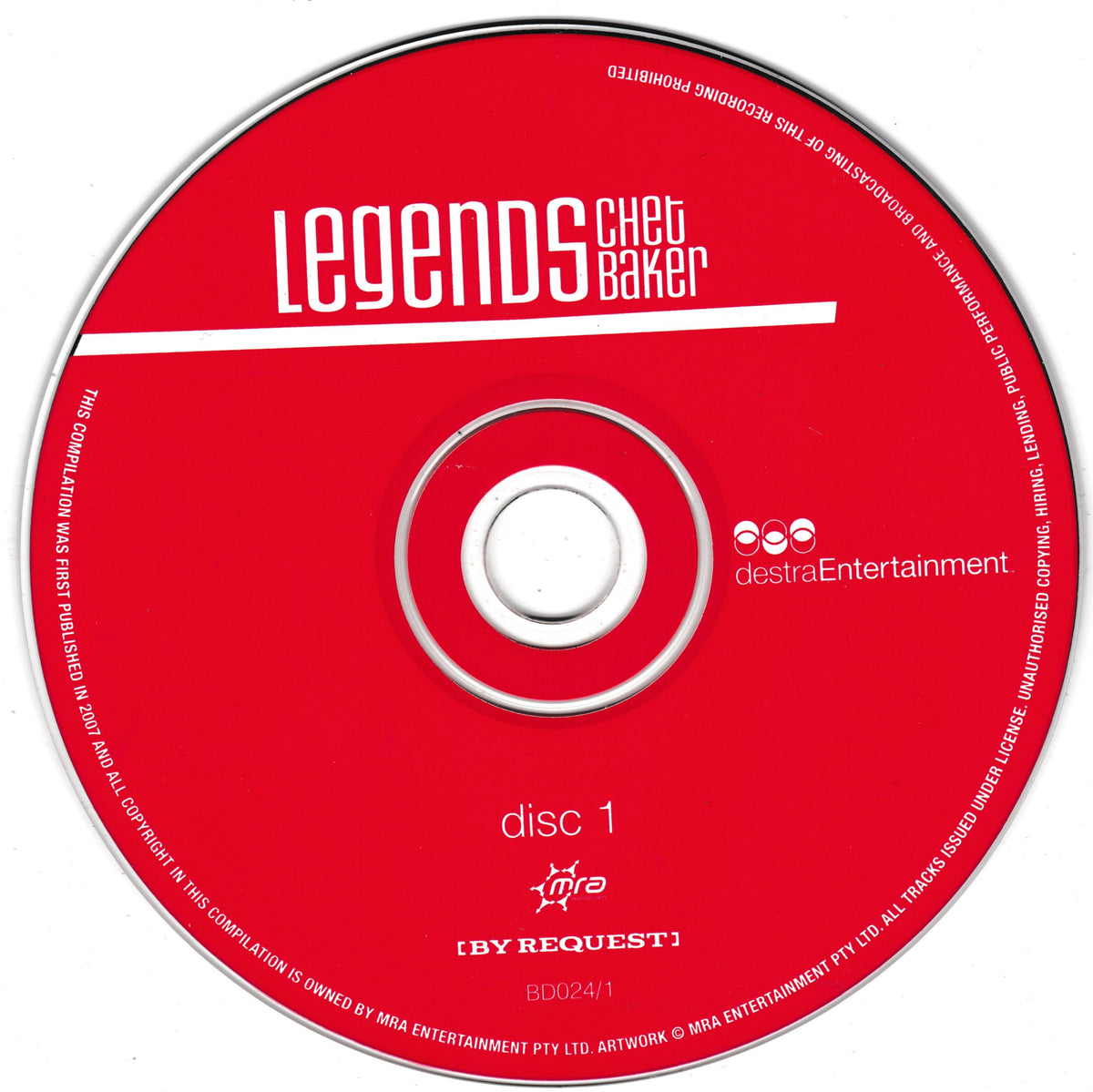 A red CD disc for 'Legends Chet Baker' by MKA Entertainment, featuring white text and logo details, photographed flat against a white background.
