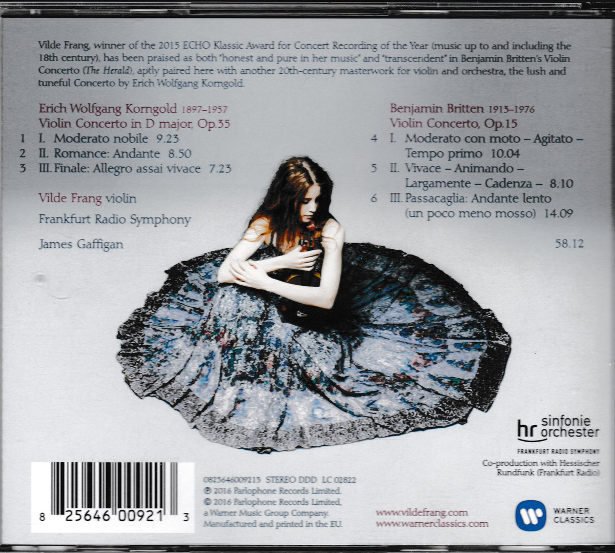 The back cover of a CD for Erich Wolfgang Korngold's 'Violin Concerto in D major' performed by Vilde Frang, with a barcode, tracklist, and logos for Radio Hamburg and Warner Classics.