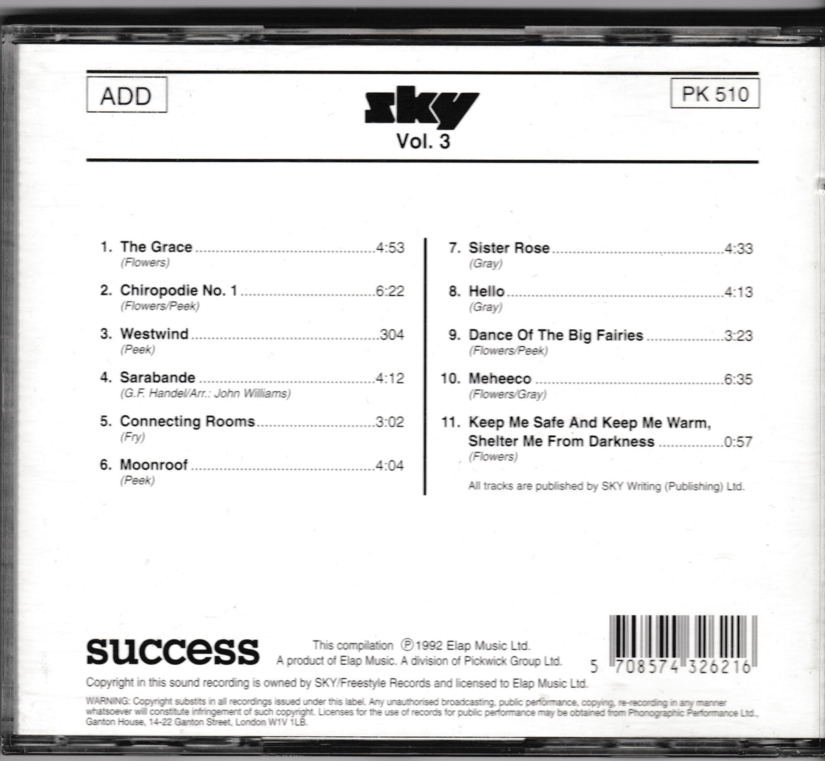 The back cover of a SKY Vol. 3 CD album, showing tracklist text, artist names in parentheses, and a barcode with the SKY logo at the top.