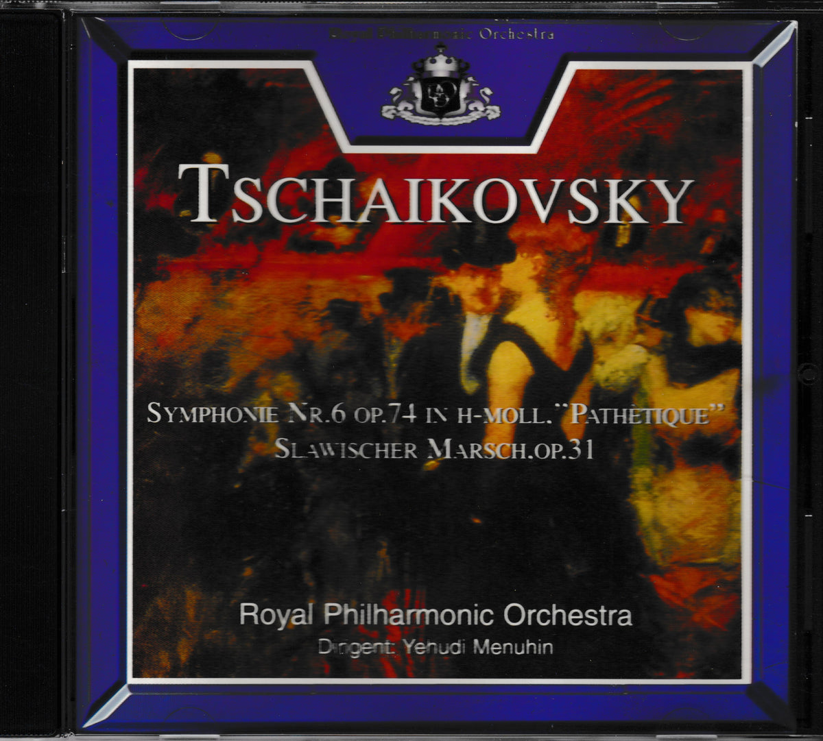 CD cover for Tschaikovsky's Symphony No. 6 in H-moll, performed by the Royal Philharmonic Orchestra under Yehudi Menuhin, with a dark blue border and abstract red, orange, and black artwork.