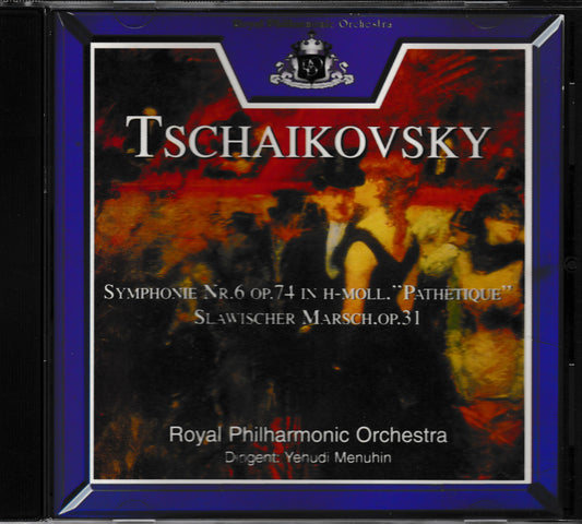 CD cover for Tschaikovsky's Symphony No. 6 in H-moll, performed by the Royal Philharmonic Orchestra under Yehudi Menuhin, with a dark blue border and abstract red, orange, and black artwork.