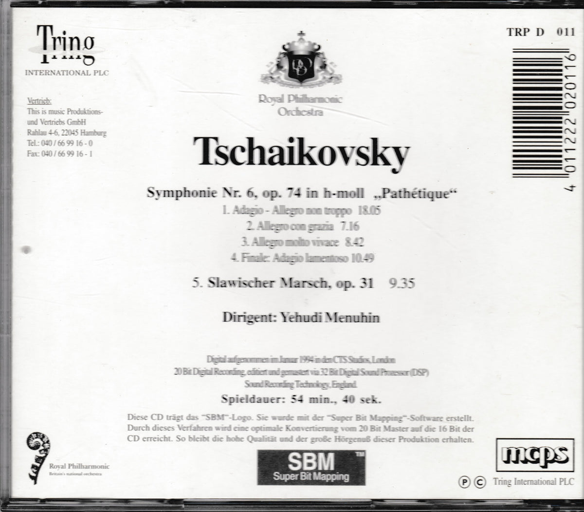 The back cover of a Tchaikovsky symphony CD on a dark background, showing track listing, performer Yehudi Menuhin, publisher logos including Tring and DG, barcode, and Super Bt Mapping text.