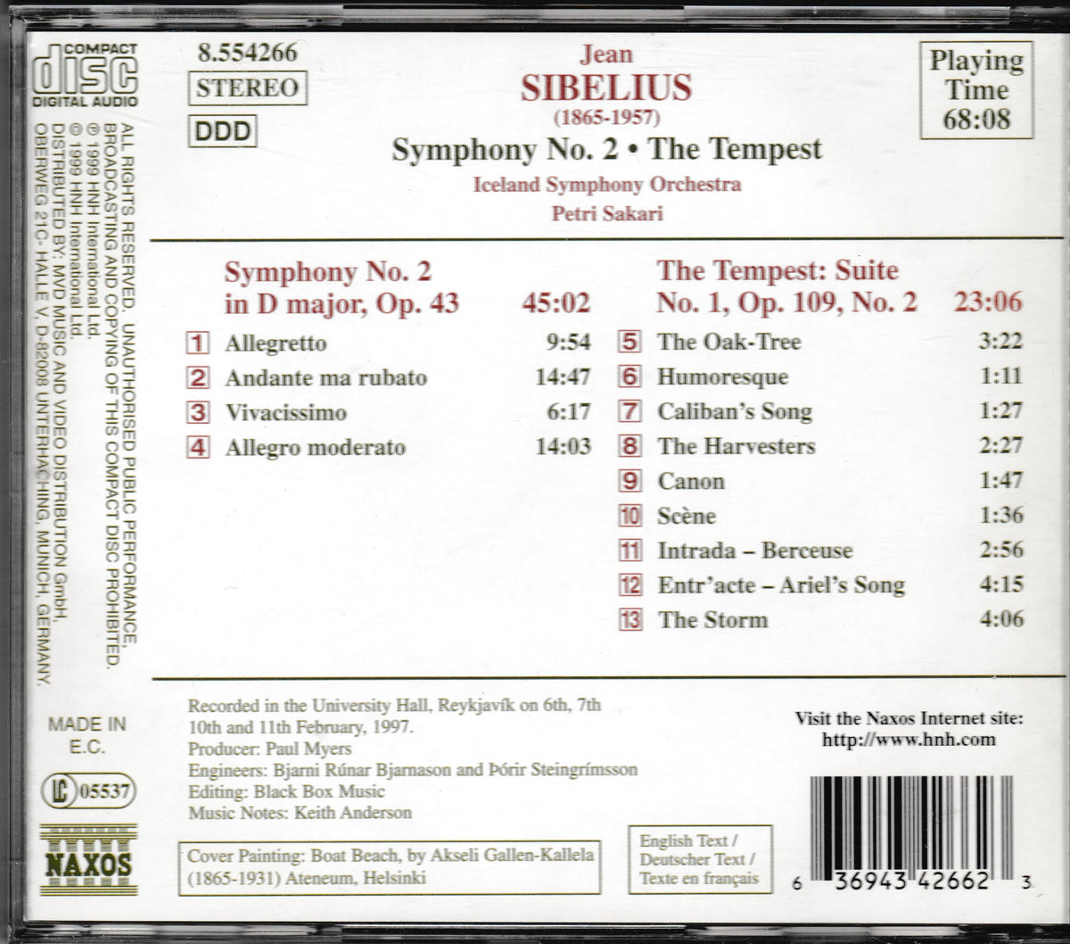 The back cover of a Naxos CD release for Jean Sibelius's Symphony No. 2 'The Tempest', featuring track listings, recording details, barcode, and publisher information.