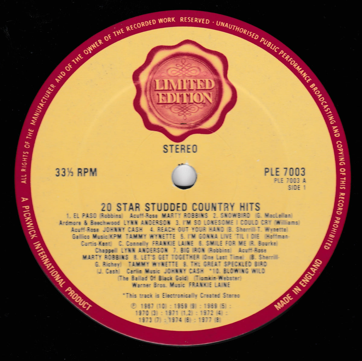 A 12-inch vinyl record label for '20 Star Studded Country Hits' on Polydor Records. The label features a prominent red circular border and a central gold-coloured inner circle with a red 'Limited Edition' seal at the top.