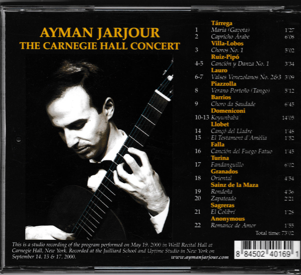Back cover of a CD case for Ayman Jarjour's Carnegie Hall Concert, featuring a black-and-white photo of the musician holding a violin, track list on the right, and title text on the left.