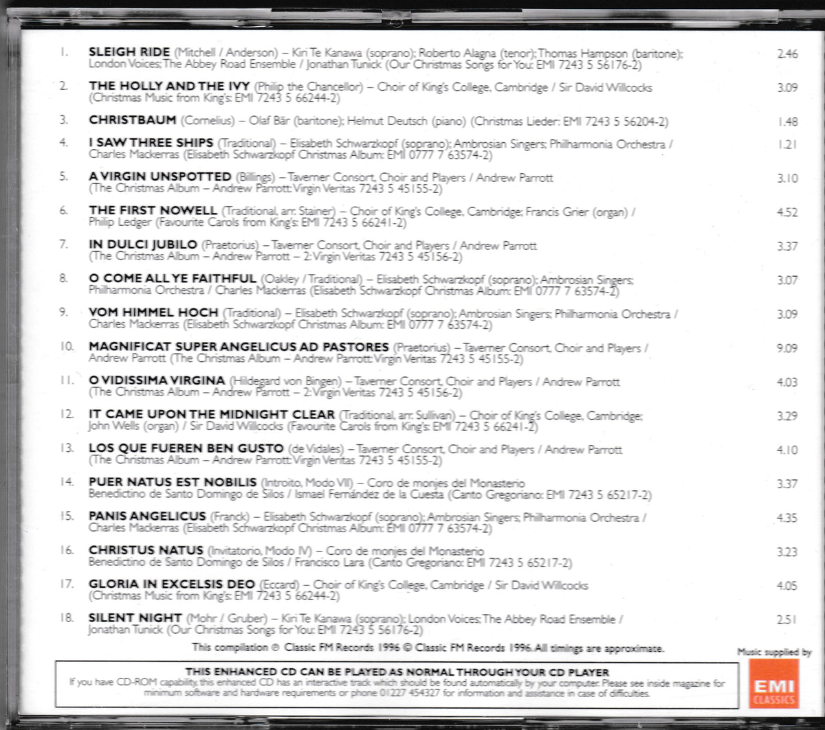 CD album cover featuring a tracklist of classical songs with artist names, durations, and a small EMI logo at the bottom right.
