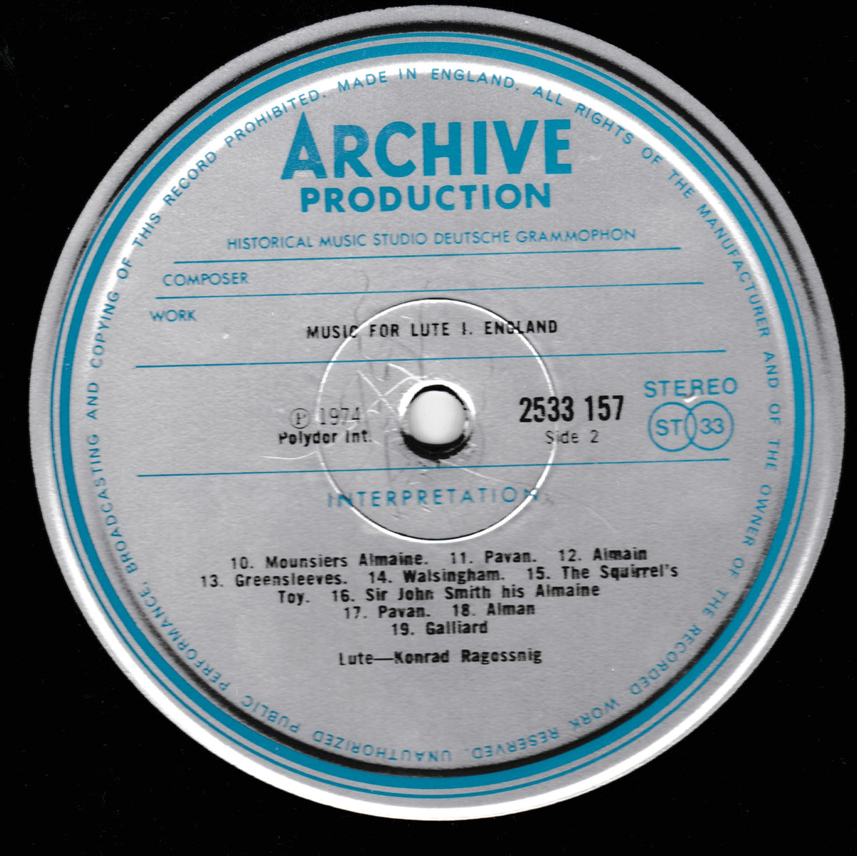 A vintage LP vinyl record label for Archive Production, featuring the composition 'Music for Lute 1. England' by Koaden Ragessig.