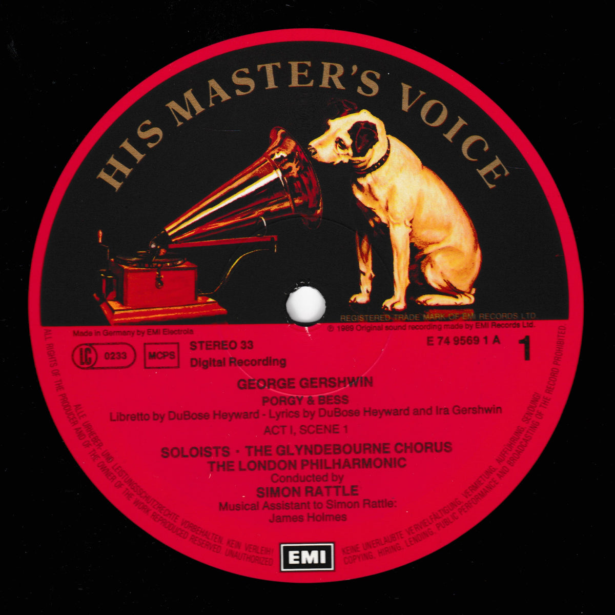 A vinyl record label for George Gershwin's 'Porgy and Bess' with a red and black design, featuring an illustration of a dog sitting next to a gramophone. The text 'HIS MASTER'S VOICE' is printed at the top, and the EMI logo is visible at the bottom.