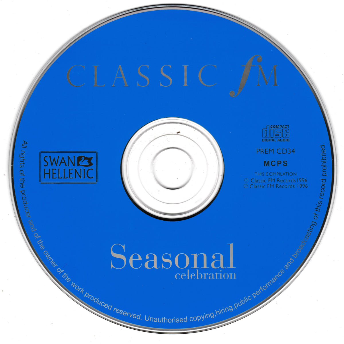 A blue compact disc with a silver reflective rim, featuring the text 'CLASSIC fm' and 'Seasonal celebration' along with the Swan Hellenic and Discimages logos.