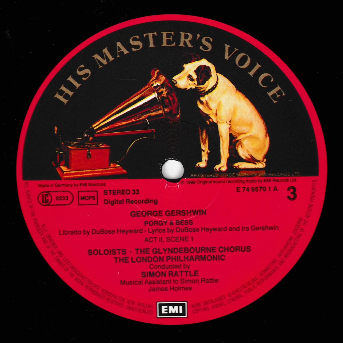 A vinyl record label for 'Porgy and Bess' by George Gershwin, featuring a large red and black centre label with a vintage gramophone illustration and a golden retriever dog. Visible brands include EMI and MCA.