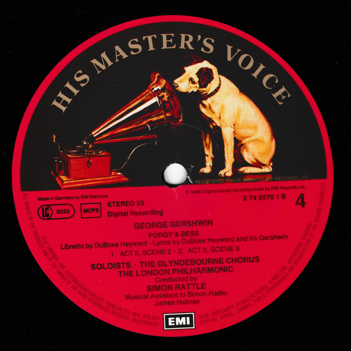 A vinyl record label for George Gershwin's 'Porgy and Bess' on EMI Records. The circular black, red, and cream label features an illustration of a dog sitting next to a gramophone, with track listings for 'Porgy and Bess' and 'The Glyndebourne Choruses' on the red section.