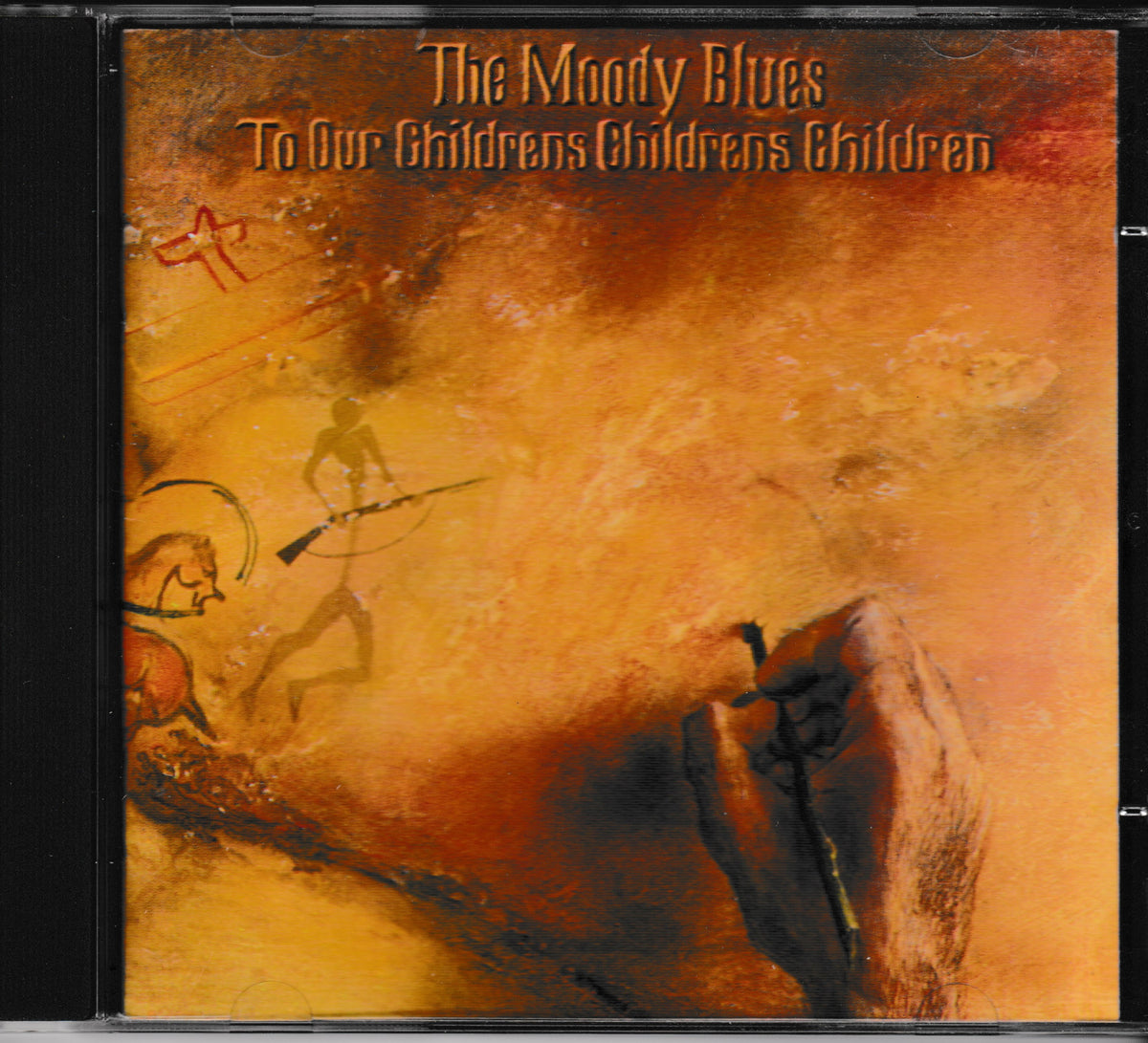 CD album cover for 'The Moody Blues - To Our Children's Children's Children', featuring an abstract warm-toned painting in orange, brown, and yellow with dark silhouetted figures and text at the top.