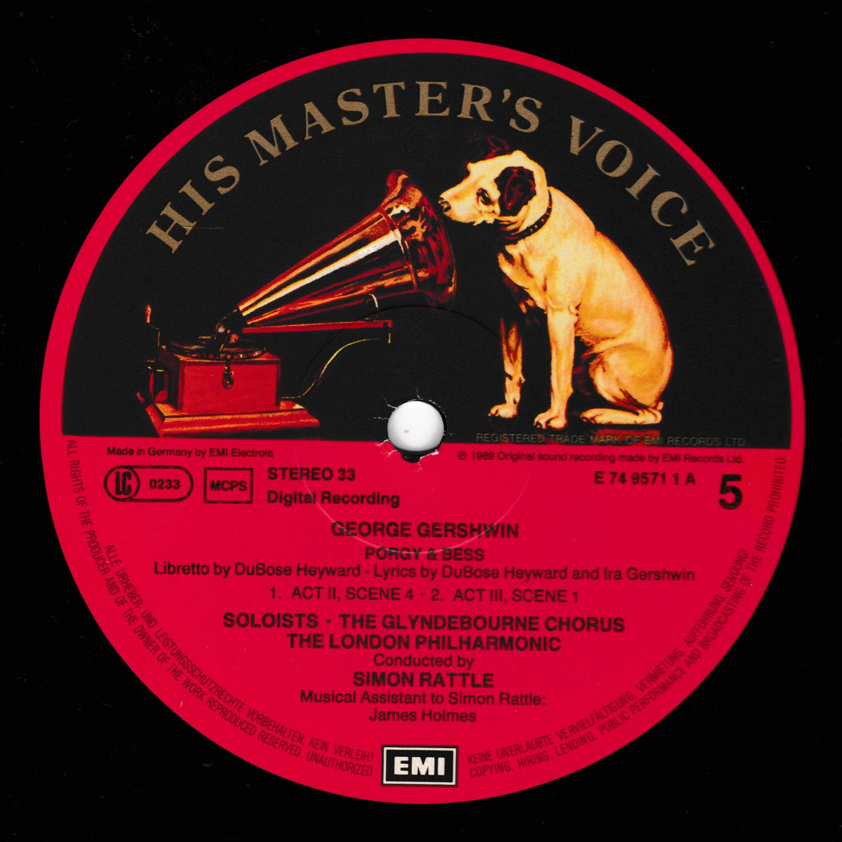 A vintage-style vinyl record label reading 'HIS MASTER'S VOICE' in large gold text on a red ring, with black centre and printed track information. The label includes an illustration of a dog sitting beside a gramophone and lists George Gershwin's 'Porgy and Bess' and 'Soloists - The Glyndebourne Chorus' with EMI branding.