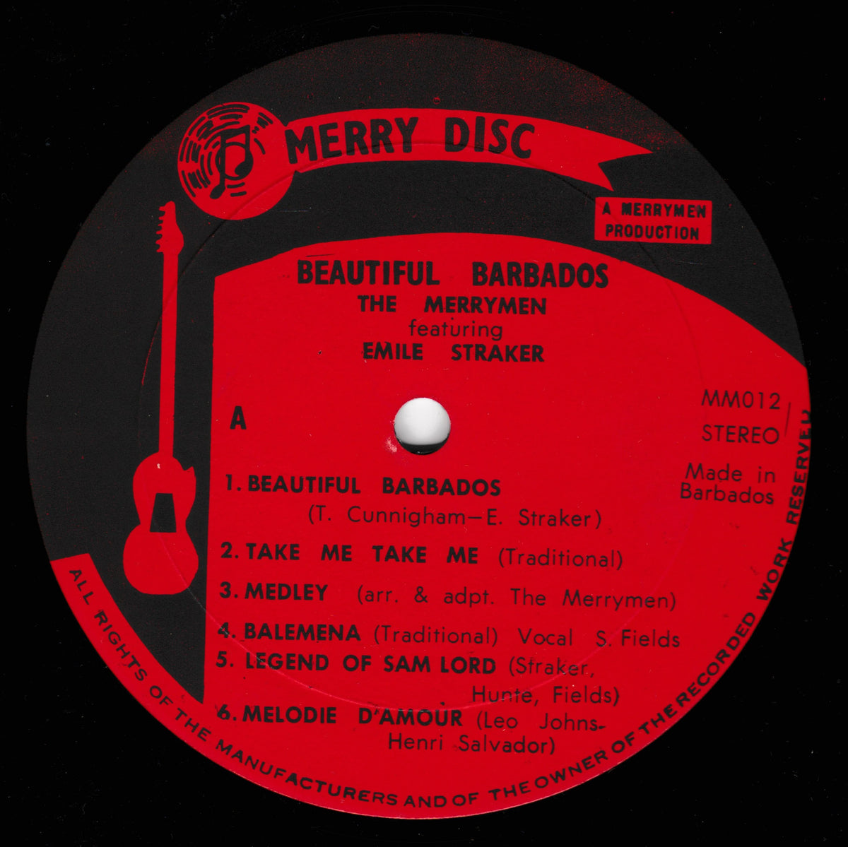 A black vinyl record label with a large red centre label reading 'Merry Disc' and 'Beautiful Barbados' by The Merrymen featuring Emile Straker, with track list and red graphic elements on a black background.