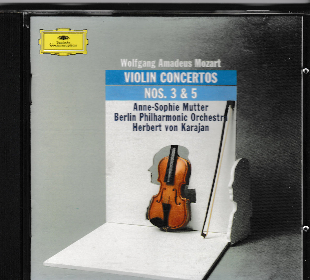 CD album cover for Wolfgang Amadeus Mozart's Violin Concertos Nos. 3 & 5, featuring Anne-Sophie Mutter with the Berlin Philharmonic Orchestra and Herbert von Karajan, released on the Deutsche Grammophon label.