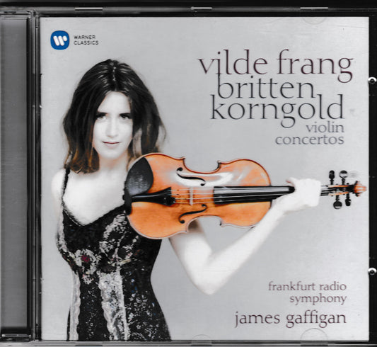 CD cover for 'Vilde Frang, Britten, Korgold' violin concertos, released on Warner Classics. The cover features a portrait of Vilde holding a violin against a light gray background with black text.