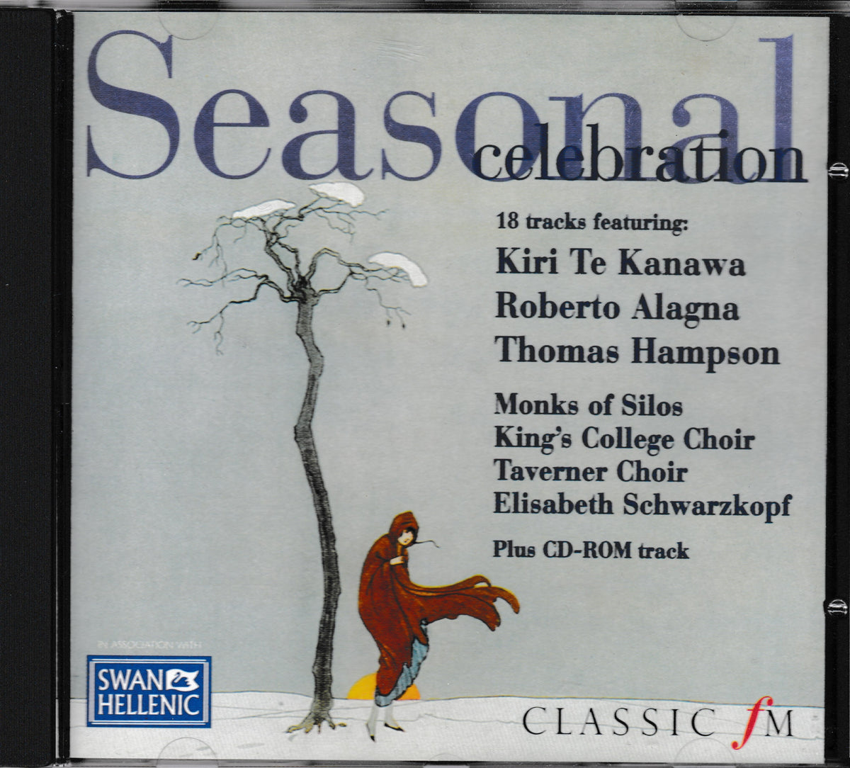 CD album cover for 'Seasonal celebration' featuring a snowy winter scene with a bare tree, a figure in a red cloak, and a list of featured artists on a light gray background.