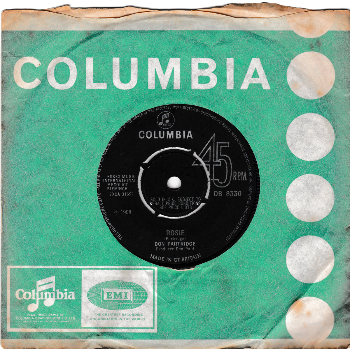 Vintage Columbia 45 single record sleeve for Don Partridge's 'Rosie', featuring a turquoise-green background, a black central label, and white printed text and graphics.