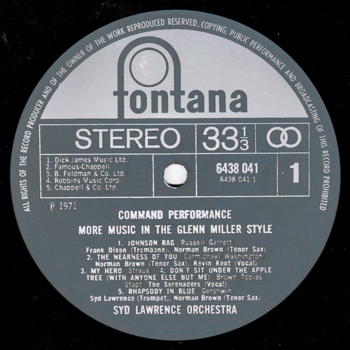 A vintage Fonterra 33 1/3 RPM vinyl record label for 'Command Performance - More Music in the Glenn Miller Style' by Syd Lawrence Orchestra, featuring a gray and black label on a black background.