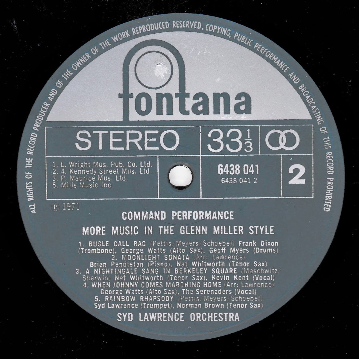A close-up of a vintage Fontana 12-inch vinyl record label for Syd Lawrence Orchestra's 'More Music in the Glenn Miller Style', featuring a gray centre label on a black background.