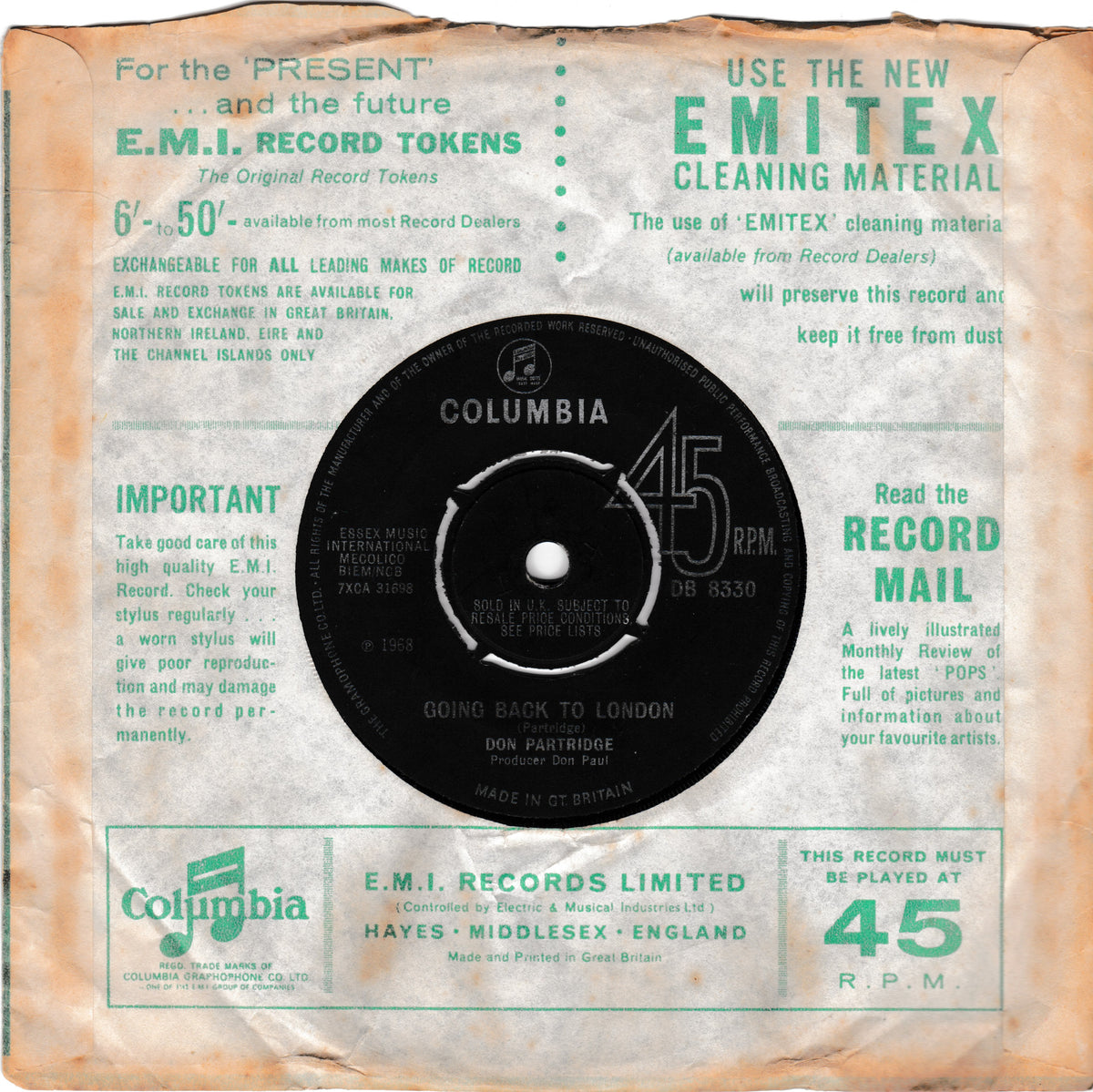 Vintage 45 RPM record cover for Don Partridge's 'Going Back to London' on Columbia Records, featuring a black centre label surrounded by aged, tan paper with teal printed text and logos.